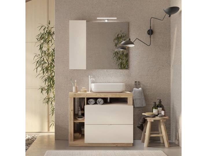 Meuble vasque 92cm + miroir beige et aspect bois cadiz