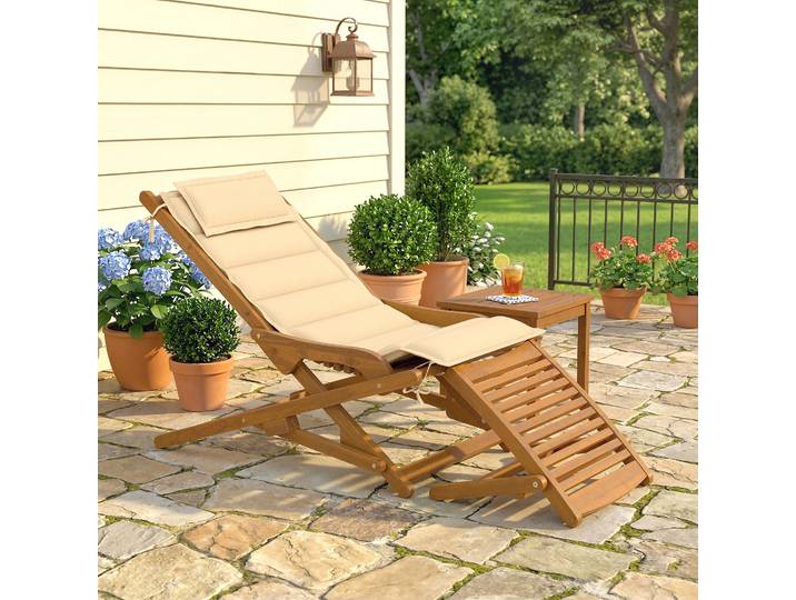 Outsunny Transat Pliable Bois Beige avec Repose-pieds 160kg