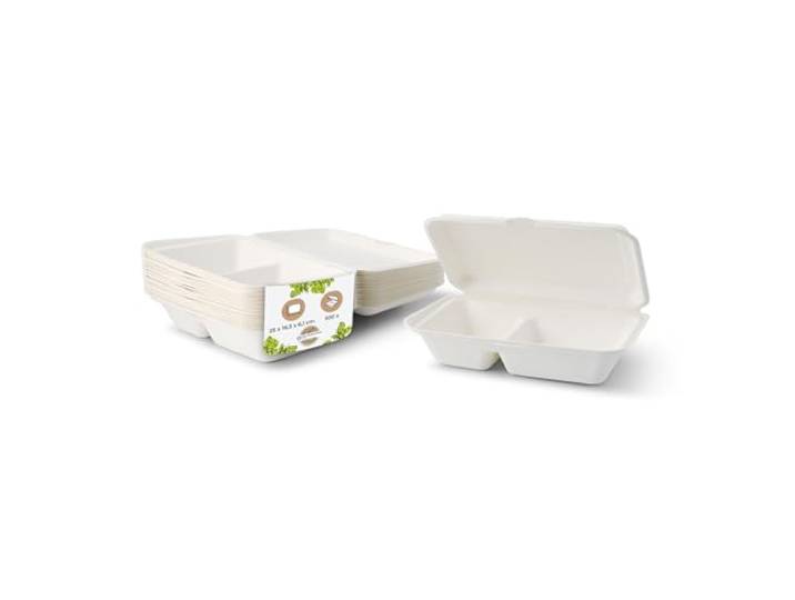 BIOZOYG Bio Lunchbox 500 Stück, 2 Kammern, 25 x 16,5 cm - kompostierbar Geteilte Menübox aus Zuckerrohr-Bagasse mit Klappdeckel - ideal für Vor- & Hauptspeise, auch für fettige Speisen, DIN13432