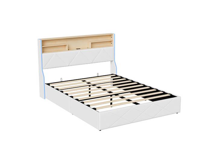 Shopentra Staurabett 160x200 WEIß Kunstleder Holz Led, Weiß, 160x200 cm, Schlafzimmer, Betten, Polsterbetten