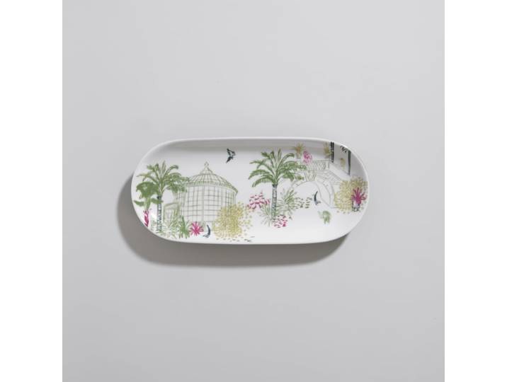 Ovale Schale aus grünem, weißem und rosa Porzellan