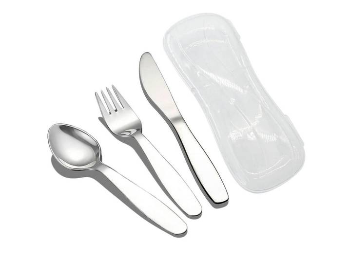 Kinderbesteck Set 3-teilig mit Reiseetui Edelstahl, Silberfarben, Metall, Füttern, Kinderbesteck
