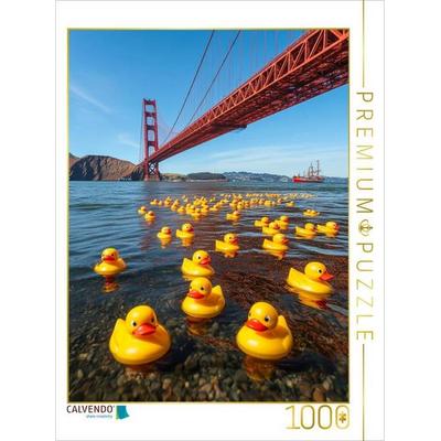 CALVENDO Puzzle Sightseeing in USA - Gummienten an der Golden Gate Bridge | 1000 Teile Lege-Größe 64x48cm Foto-Puzzle für glückliche Stunden