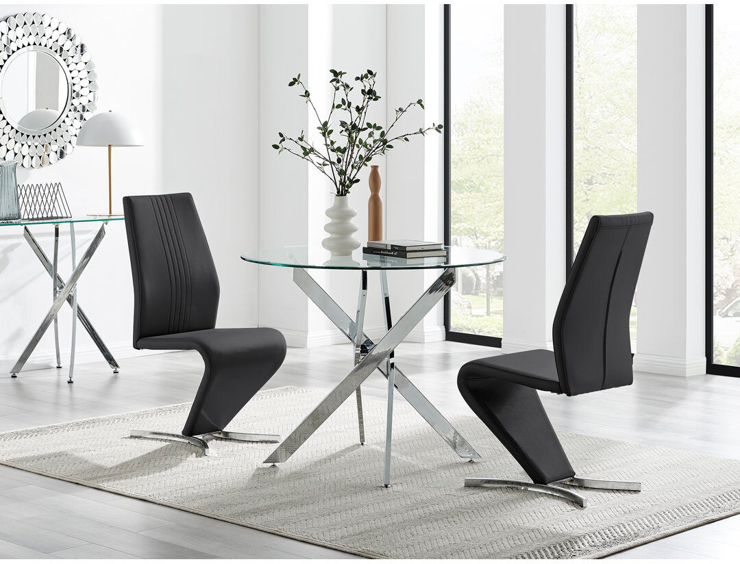 Canora Grey Tierra Modern Chrome Metal & Glass Round Dining Table Set with 2 Modern Design Faux Leather Chairs Black 2