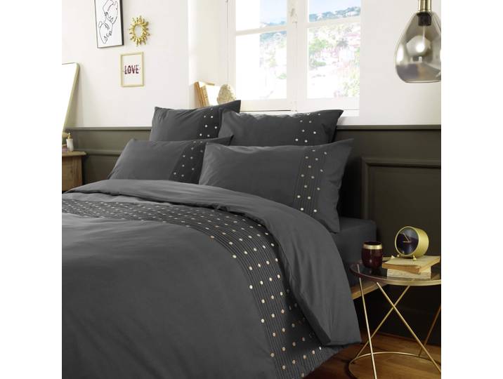 Housse de couette brodée plis religieuses anthracite 200x200 cm