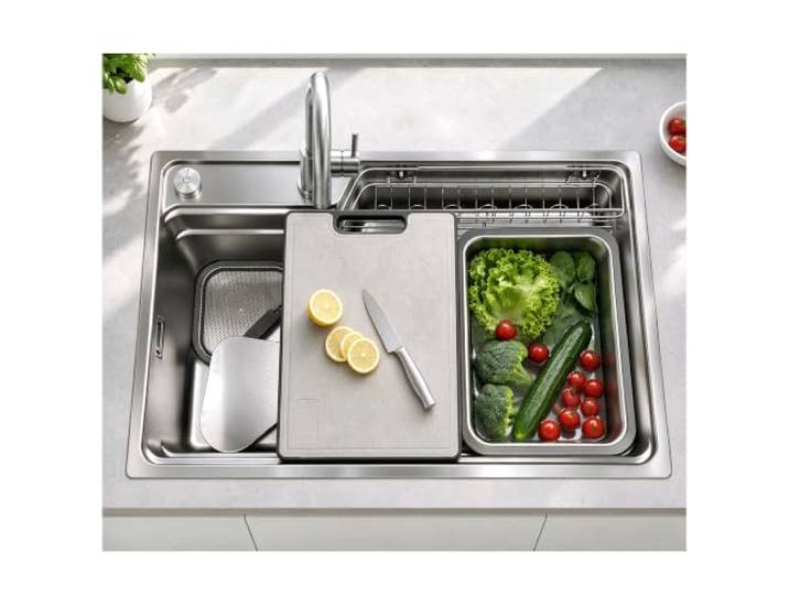 Japanischer Küchenspüle 82x48 cm Mit Abtropfgestell, Kleinem Becken, Schneidebrett, Dreieckigem Sieb, Ablaufknopf, Siphon, Abfluss-Set, 304 Edelstahl Spülbecken, Spüle Küche Einzelbecken (F, 82x48cm)
