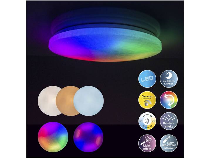 NÄVE LED Deckenleuchte Sligo , bunt, 1, Ø 38cm H: 6,5cm, 1 Stk., Leuchten, Kristalleffekt, dimmbar, Nachtlicht, CCT, Farbwechsler, Fernbedienung, LED Deckenleuchte