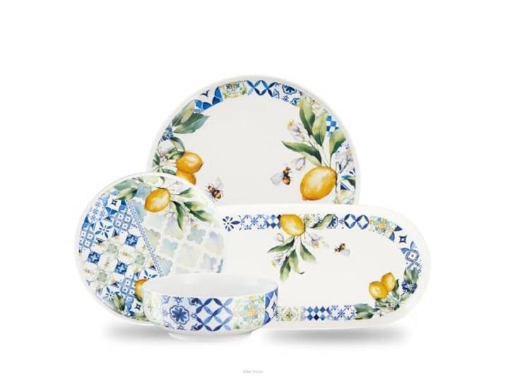 VILLA ITALIA - Geschirrset 6 Personen LIMONETTI - Weiss Essgeschirr - Elegant 6er Teller - Weiß Grün Geschirr Set - Handmade Tafelservice - Hochwertiges Kuchenteller - Spülmaschinen und Mikrowellen