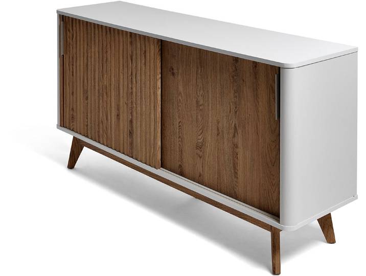 Sideboard JAHNKE WAVE SBS 145 , weiss (montana eiche, weiß), B:148cm H:76cm T:39,8cm, Holzwerkstoff, Sideboards, Sideboard, Retro-Stil, mit 2 Schiebetüren, ca. 148 cm