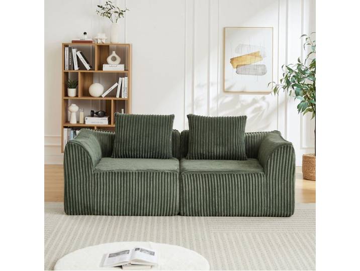 ROVRYN Canapé modulaire 2 places vert en velours côtelé avec 2 coussins sans montage