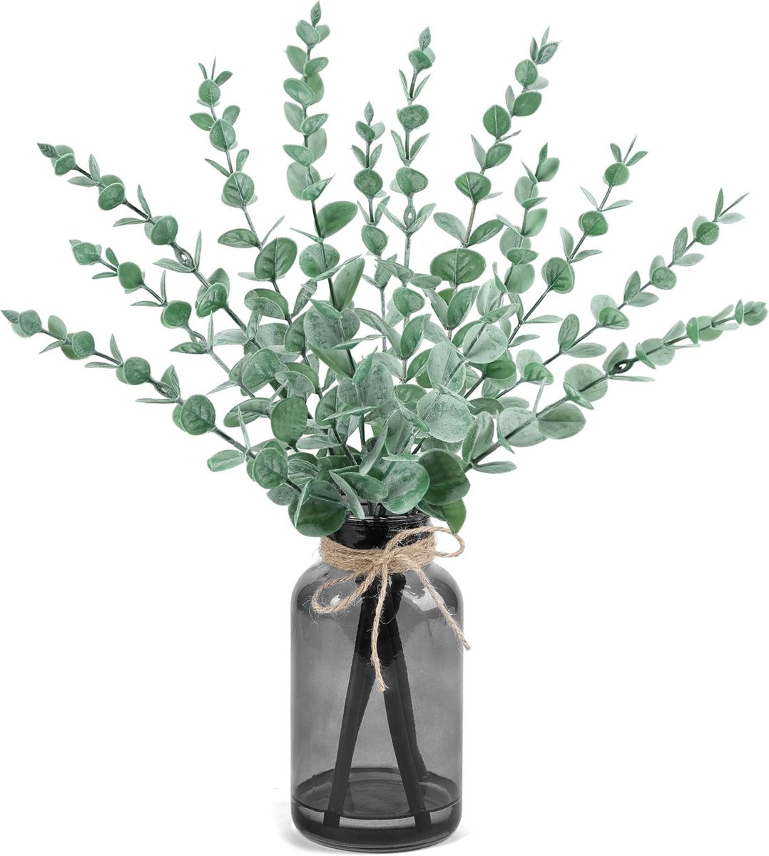 Der Rose Kunstplanten met Eucalyptusstelen in een Zwarte Glazen Vaas met Kunstwater
