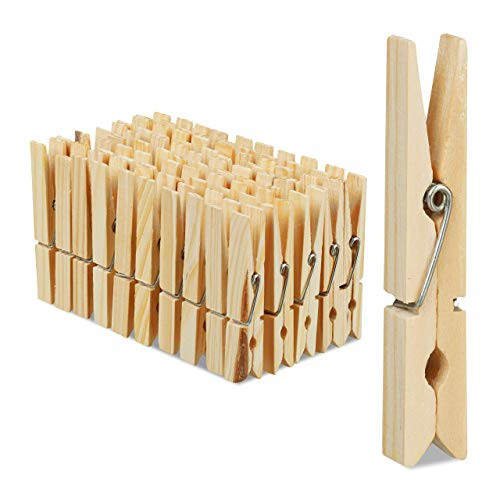 Relaxdays Wasknijpers van Hout en Metaal, Set van 100 stuks, Bruin