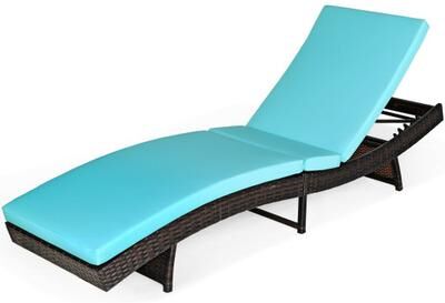 Costway Patio Folding Adjustable Rattan Chaise Lounge Chair with Cushion-Turquoise