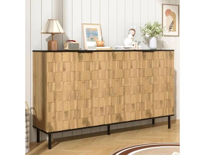 Buffet bas - KOMHTOM - Effet mosaïque - 2 portes - 160x35x80.5 cm - Nature/Noir