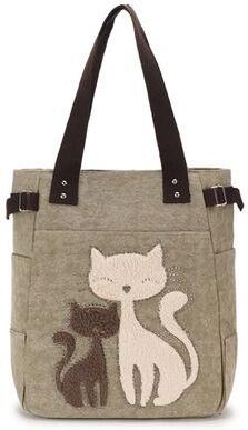 ModernMart Cute Cat Canvas Tote Bag For Women Plush Kitten Shoulder Bag For School, Shopping & Daily Use khaki