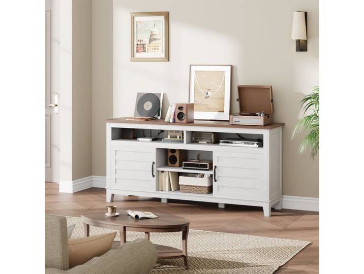 Meuble TV pour écran jusqu'à 63 pouces style fermier avec portes de placard et étagères réglables meuble de divertissement