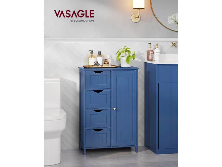 VASAGLE Armoire de Rangement, Salle de Bain, Commode Compacte avec 4 Tiroirs, Placard Porte, Étagère Ajustable, Bleu