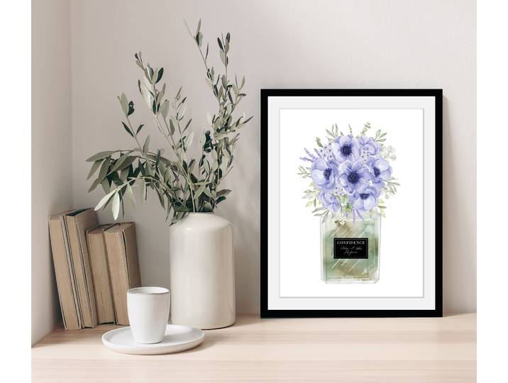 Bild mit Rahmen GOODPRODUCT Blumen Parfüm - Gerahmter Digitaldruck - Wandbild , bunt (farbe rahmen: schwarz, farbe bild(er): blau, grün), B:40cm H:50cm, Acrylglas, Holz, Bilder, Bild mit Rahmen, Holzrahmen - Dekoration