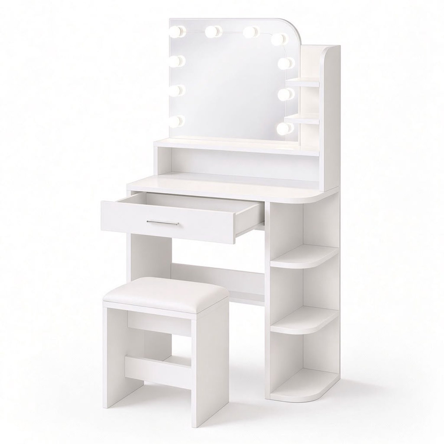 Atlasyx Makeuptafel met spiegel, LED-verlichting en kruk - Wit - B: 67 cm, D: 38 cm, H: 136 cm