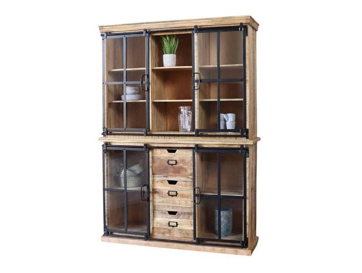 baario Vitrine Vitrinenschrank FINE Vintage 150cm Massivholz & Eisen Design Vitrine