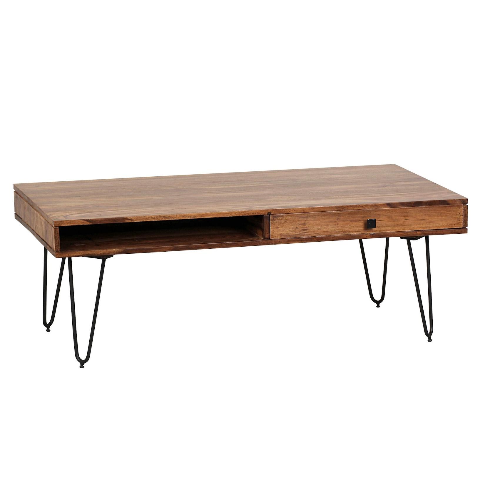 KADIMA DESIGN Couchtisch BALU mit Schubfächern: 110 cm breit, Sheesham Massivholz, Metallfüße, leichter Aufbau
