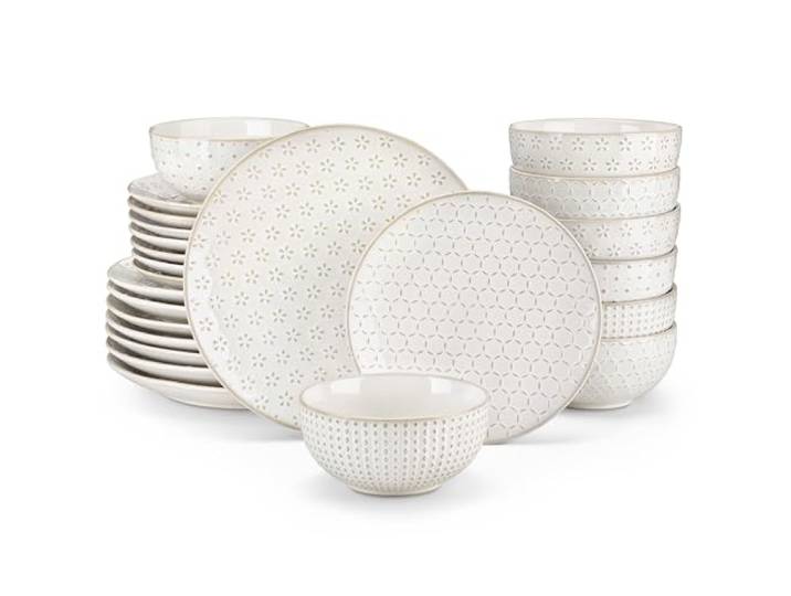 MALACASA LYDIA Geschirrset 8 Personen, Tellerset 24-tlg Steingut Relief Vier Reliefmuster, Modernes Design, Speise-, Dessertteller & Müslischalen, Mikrowellengeeignet