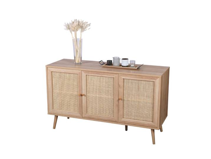 Buffet 3 portes en cannage et effet bois