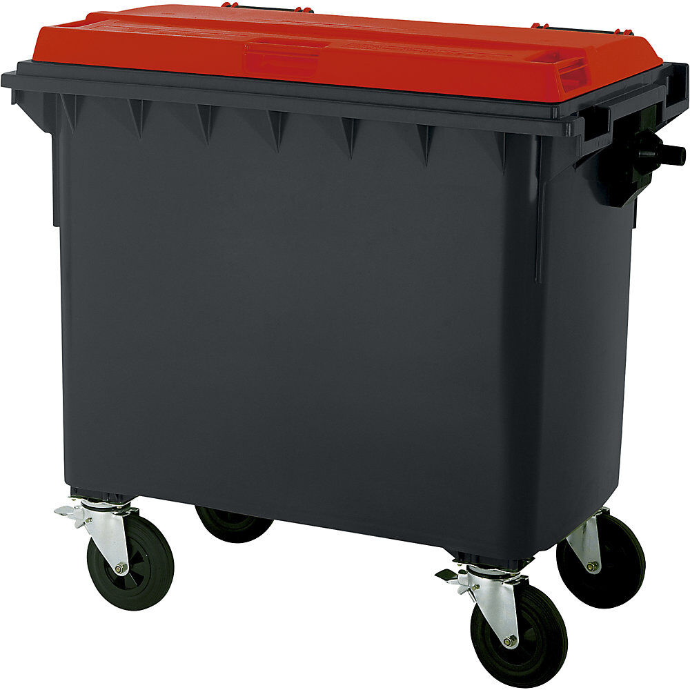 kaiserkraft Müllcontainer aus Kunststoff, DIN EN 840, Volumen 660 l, BxHxT 1360 x 1235 x 765 mm, anthrazit/rot