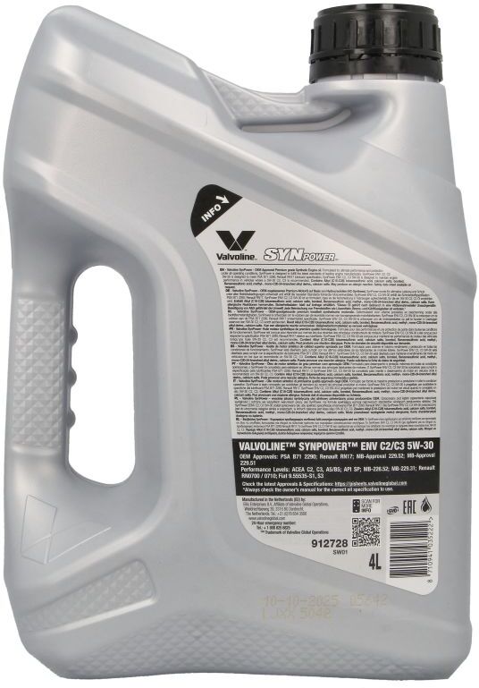Huile moteur VALVOLINE SYNPOWER ENVC2/C3 5W30 4L