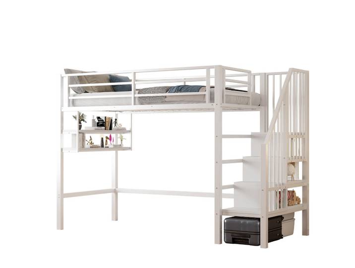 Redom Hochbett 90/200 cm mit Stauraumleiter, Regalfächern und Freiraum unter dem Bett, Weiß, Metall, 90x200 cm, Babymöbel & Kindermöbel, Kinderzimmer & Jugendzimmer, Kinderbetten, Hochbetten