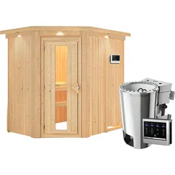 Karibu Sauna Saja - 68 mm Systemsauna - 230 Volt Plug & Play-3,6kW Plug&Play Bio-Kombiofen externer Steuerung Easy-Inkl. Dachkranz- Isolierte Saunatür