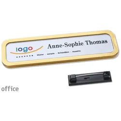 10 Namensschild mit Nadel OFFICE gold | 75 x 17 mm, Kunststoff