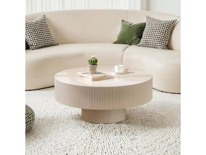 YYZIWYUN Runder Couchtisch in Trommelform Aus Geriffeltem Holz Runder Couchtisch Im Modern-Stil Mit Stabilem Standfuß – Ideal Als Beistell- Oder Couchtisch Für Kleine Wohnungen