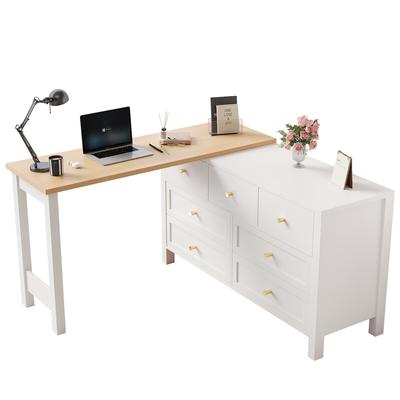 OKWISH Schreibtisch mit 7 Schubladen 120x40x70 2-in-1 Drehwerkbank und Sideboard, Eichenoptik Weiß und Natur, Flexibel für Büro oder Wohnbereich