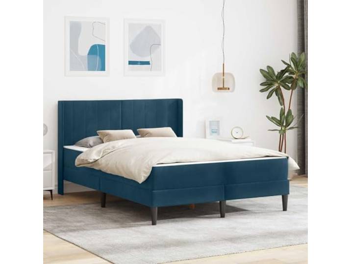 TUERYAFEK Bettgestell Mit Matratze 140x200 cm Blau Samt Mit Kopfteil Aus Sperrholz, Taschenfederkernmatratze, Lattenrost Inklusive, Pflegeleicht
