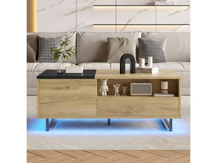 Table basse relevable - Table basse salon rectangulaire avec LED - Table basse moderne avec 1 tiroir et étagères - 106.5x50x37.5 cm