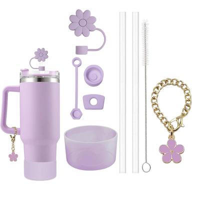 Stanley Cup Accessories Set Spill Proof Stoppers, Straws, Brushes & Flower Charm For Customization purple