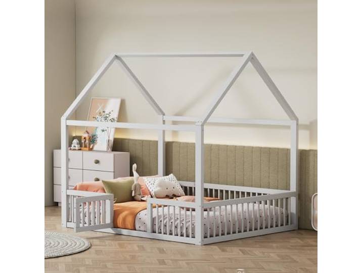 Bellemave Kinderbett 140x200, Massivholz Bodenbett, Hausbett mit Tür, Weiß Montessori Hausbett aus Kiefernmassivholz, mit Schutzgittern & Tür, inkl. Lattenrost, für Jungen & Mädchen, Holzbettgestell