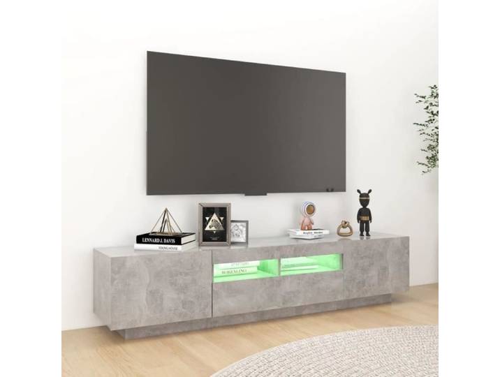 Meuble TV - ZERONE - 180x35x40 cm - Gris béton - Lumières LED RVB - Montage requis