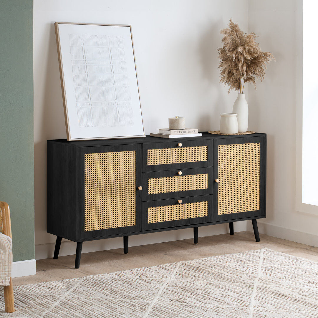 Latitude Run Noemi Rattan 2 Door 3 Drawer Sideboard 160CM Width BLACK 80cm H X 160cm W X 40cm D