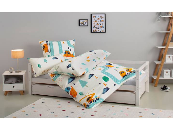 Kinderbettwäsche GOODPRODUCT CUDDLEE , blau (baustelle), B/L: 135cm x 200cm, 1 Stk., 1 Stk., Biber, B/L: 40cm x 80cm, 2 Stk., Biber, Obermaterial: 100% Baumwolle, Bettwäsche, Kinderbettwäsche, in vielen Designs: Dino,Einhorn,Weltraum,Baustelle,Herz,Trecker,Safari
