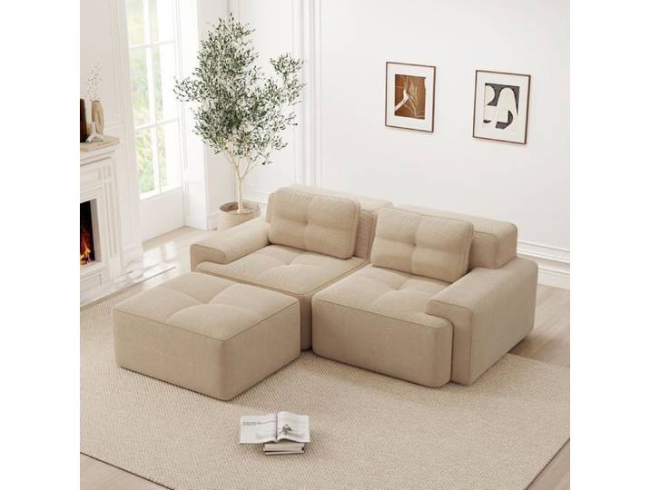 Boneless Canapé modulaire moderne en forme de L pour salon canapé cloud confortable avec ottoman canapé-lit 2 places touffeté Beige