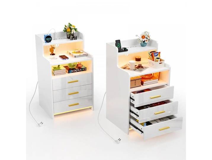 2X Table de Chevet Brillant VIVOLILV Table de nuit LED avec Prise Chevet Blanc avec 3 tiroirs Pour Salon Chambre 40x45x76 cm