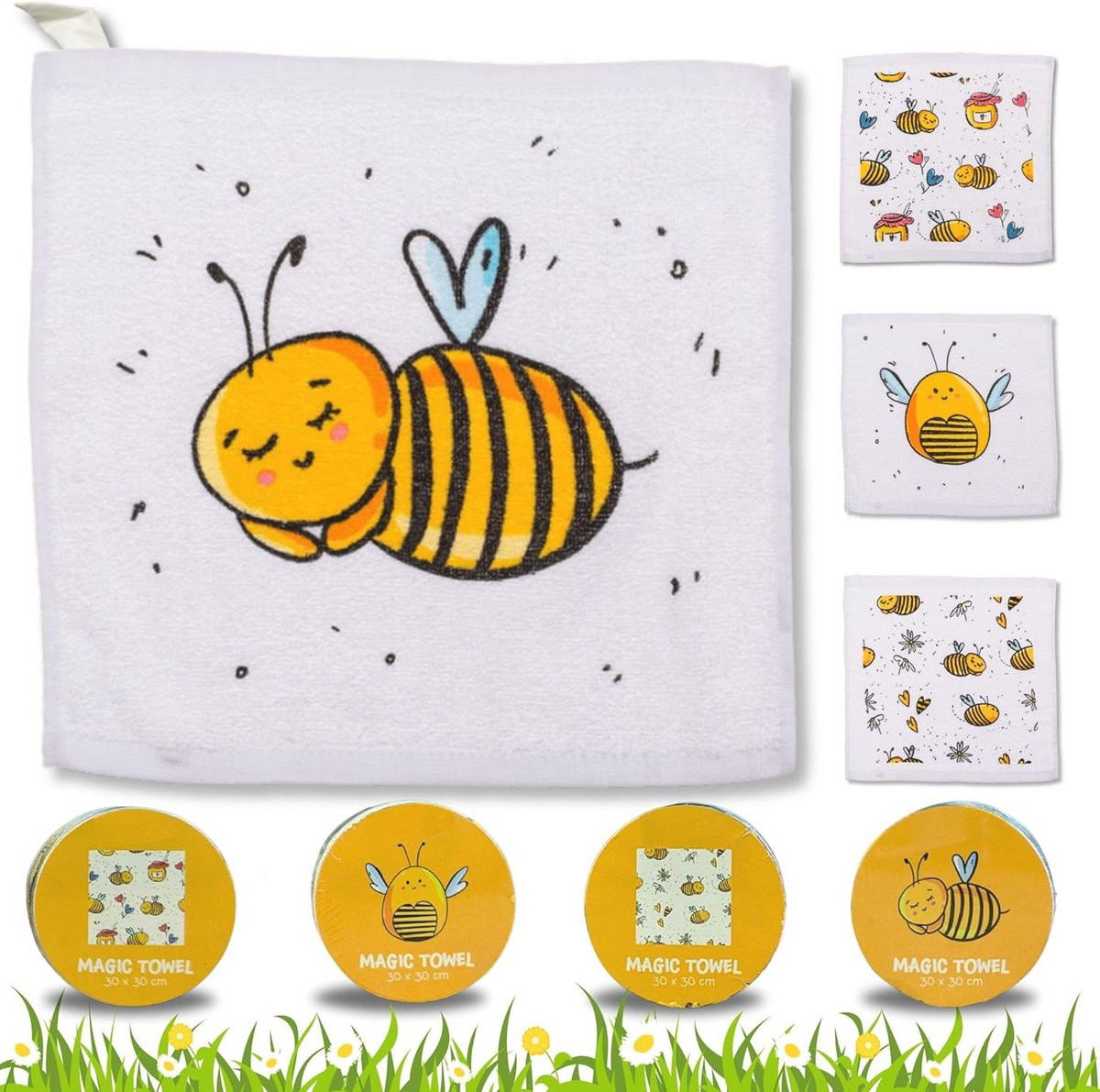 Bada Bing Set van 4 Katoenen Washandjes voor Kinderen, Honingbij Design, 30 x 30 cm