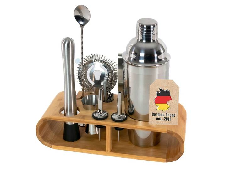 COCKTAIL-SHAKER Set mit Bambus-Ständer (12-tlg.)