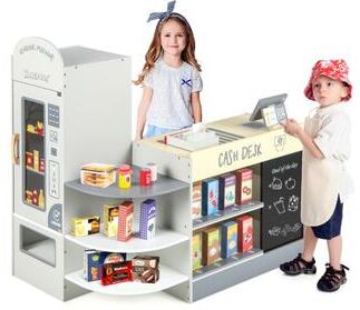 Costway Kids Grocery Store Playset with Cash Register POS Machine-Gray
