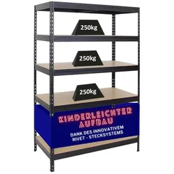 PROREGAL Schwerlastregal Rivet HxBxT 180x120x60cm Fachlast 250kg, Innovatives Stecksystem, Schwarz, Garagenregal, Lagerregal, Steckregal, Kellerregal