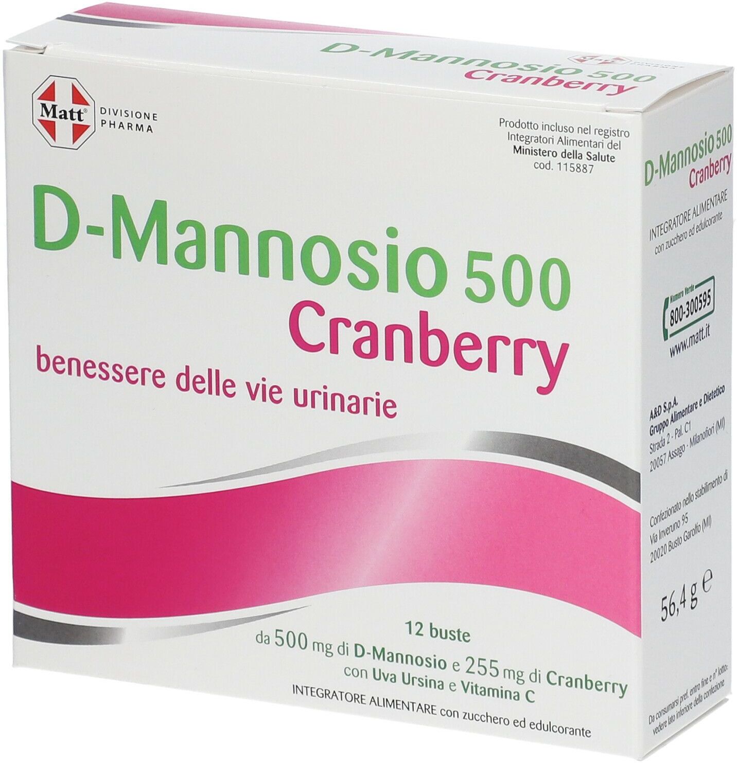 A&D SpA Gruppo Alimentare Diet Matt Pharma, D-mannosio 500 Cranberry, 12 Bustine
