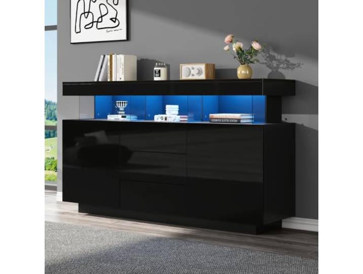 LOBO OFFICE Sideboard Schwarz Hochglanz, LED‑Beleuchtung per Fernbedienung Hochglanz‑Oberfläche nur auf der Vorderseite,LED‑Beleuchtung mit Fernbedienung zur Helligkeitsregelung,Offene Fächer mit Acry