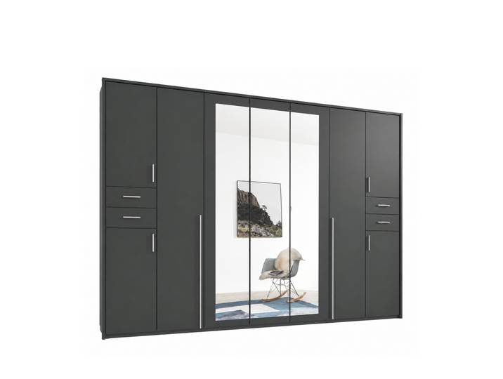 Drehtürenschrank Kleiderschrank 313cm Schubkästen Passepartout Spiegel in Grafit / 22583
